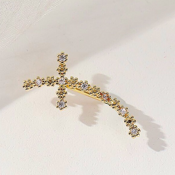 Gold Zircon Daisy Cross Ear Climber, Ear Jacket, Minimalist - Picture 4 of 6